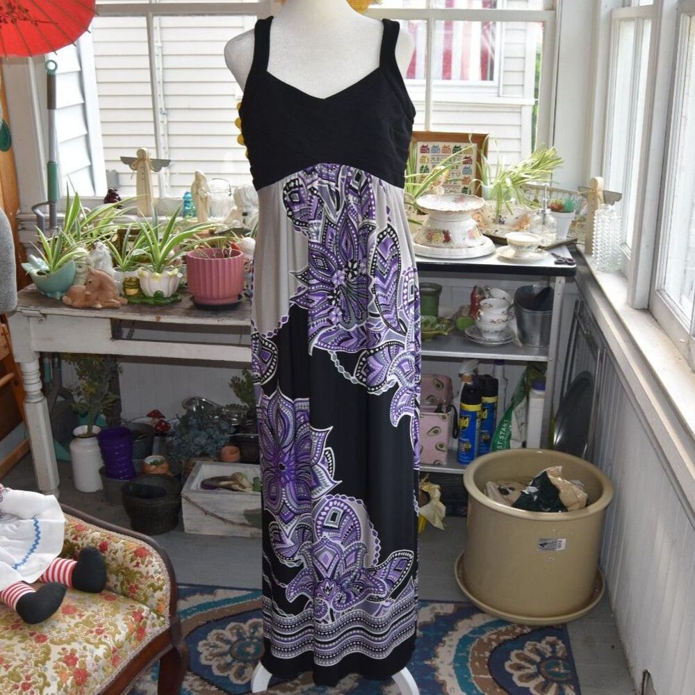 Carole Little Maxi Dress Black Purple Floral Empire Waist Sleeveless Size Large